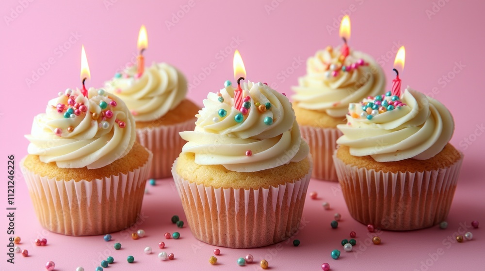 A festive arrangement of beautiful cupcakes sits invitingly, each crowned with creamy frosting, colorful sprinkles, and flickering candles. A cheerful moment perfect for celebration A festive arrangement of beautiful cupcakes sits invitingly, each crowned with creamy frosting, colorful sprinkles, and flickering candles. A cheerful moment perfect for celebration