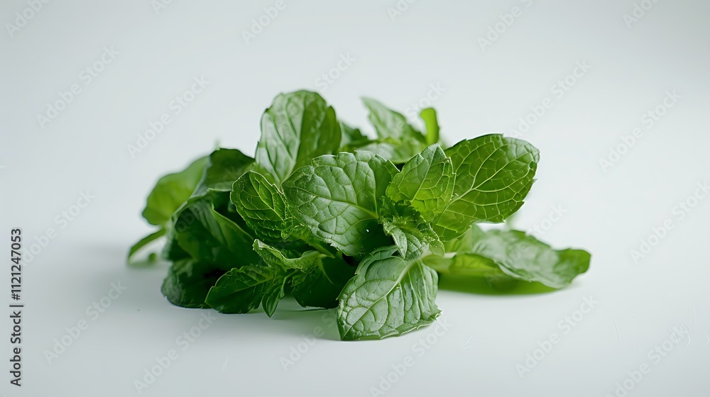 A bunch of fresh mint leaves with vibrant green color, isolated on a white surface. A bunch of fresh mint leaves with vibrant green color, isolated on a white surface.