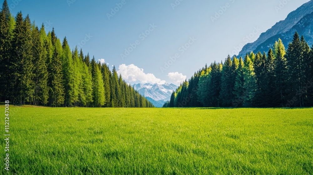 Fototapeta premium Lush green meadow embraced by forests and majestic mountains