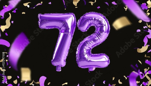 Purple birthday / anniversary balloon, number 72, black background with confetti