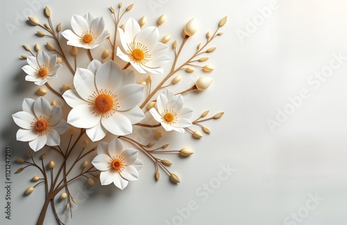 White flowers bouquet with gold branches. Beautiful floral design on white background. Modern art style. Contemporary floral arrangement. Elegant floral wallpaper design. Creative floral composition.