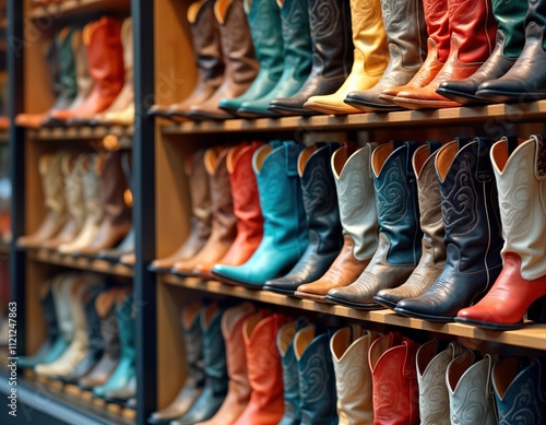 Colorful cowboy boots displayed on shelves in store. Various styles, colors of leather boots. Stylish footwear collection. Western fashion boots. Retail shop display. Handmade leather goods. Trendy