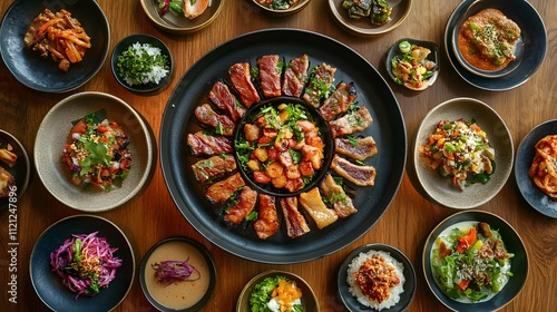 Korean BBQ Feast with Grilled Meat and Side Dishes on a Wooden Table