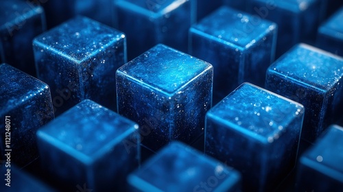 Abstract blue glowing cubes, digital rendering.