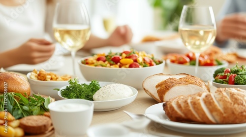 A table with a variety of food and drinks, including wine glasses