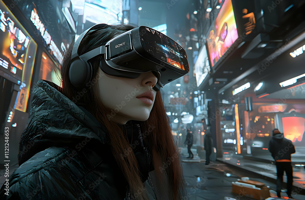 Woman in VR headset exploring futuristic city at night. Woman in VR headset exploring futuristic city at night.