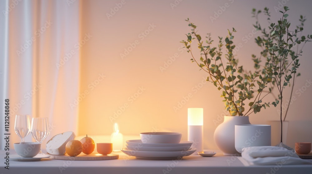 Relaxing home decor setup with tableware soft lighting modern aesthetic cozy ambiance Relaxing home decor setup with tableware soft lighting modern aesthetic cozy ambiance