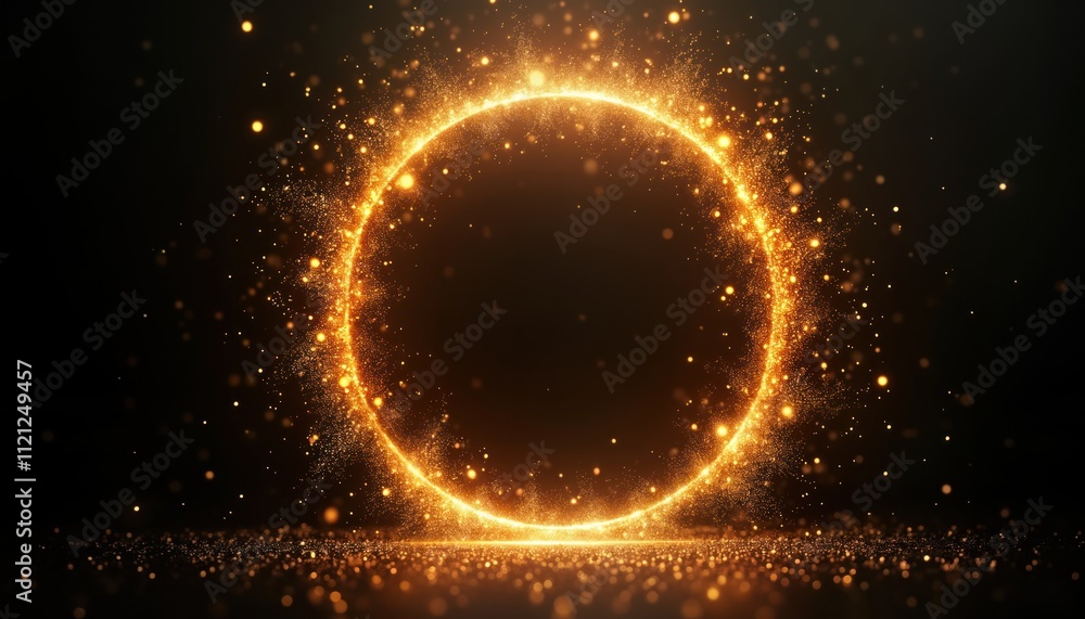 Dynamic gold glitter circle glows brightly on black background. Golden particles explode in round frame. Sparks, bright light create glowing effect. Illustrates magic, celebration. Suitable for Dynamic gold glitter circle glows brightly on black background. Golden particles explode in round frame. Sparks, bright light create glowing effect. Illustrates magic, celebration. Suitable for