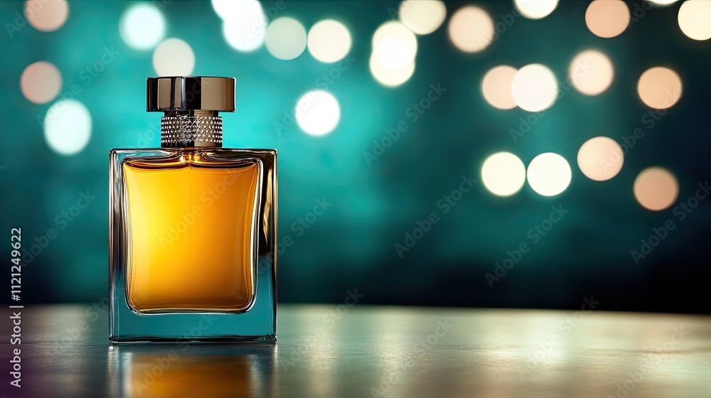 Elegant perfume bottle on wooden table with soft glowing bokeh background showcasing luxury and sophistication Elegant perfume bottle on wooden table with soft glowing bokeh background showcasing luxury and sophistication