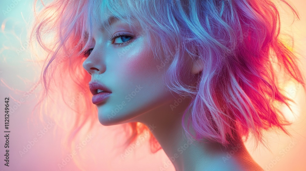 Captivating portrait of a young woman with vibrant pastel hair and ethereal lighting effects showcasing modern beauty aesthetics Captivating portrait of a young woman with vibrant pastel hair and ethereal lighting effects showcasing modern beauty aesthetics