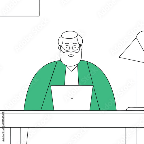 Vector illustration of a man with a beard working on a laptop.