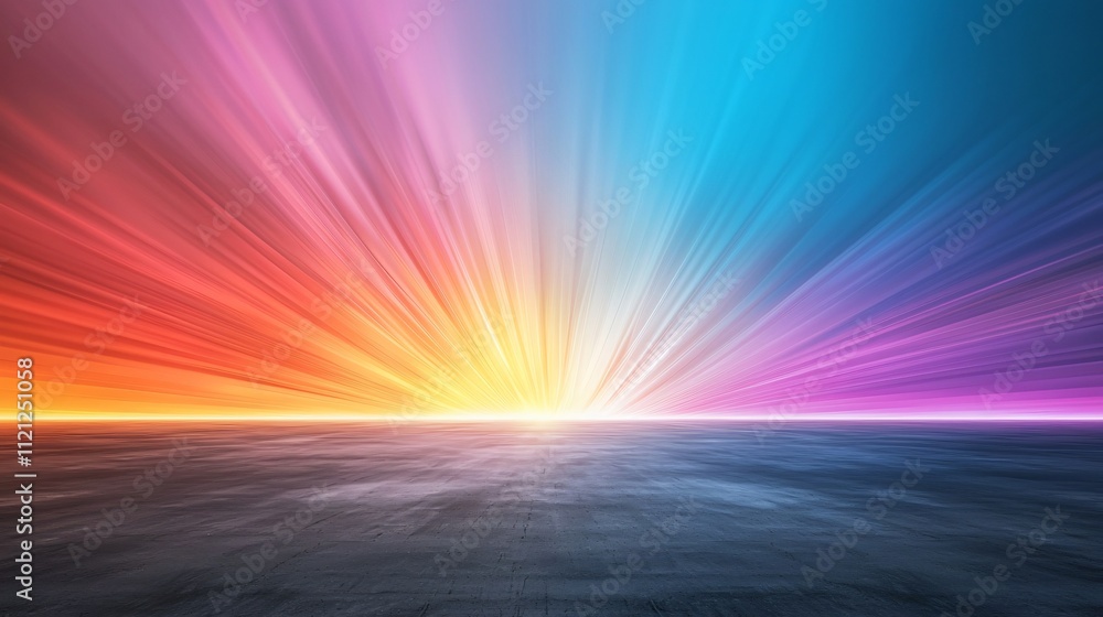 Obraz premium Vibrant sunrise with colorful rays extending over calm waters.