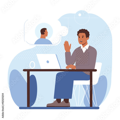 Businessman sitting at desk with laptop and talking with colleague. Flat vector illustration.