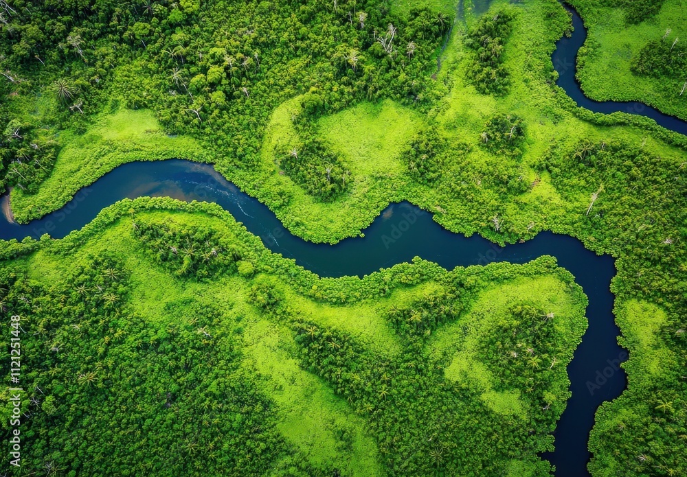 Lush Green Landscape with Winding River Surrounded by Dense Forest and Vibrant Vegetation Captured from Aerial Perspective in Nature's Paradise Lush Green Landscape with Winding River Surrounded by Dense Forest and Vibrant Vegetation Captured from Aerial Perspective in Nature's Paradise