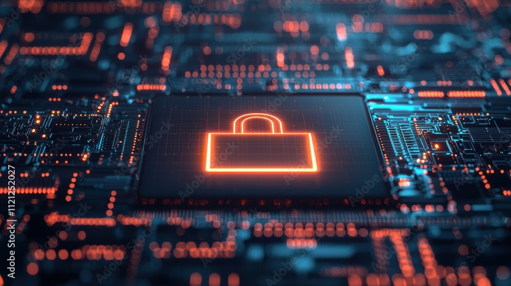A digital lock symbol on a circuit board, representing cybersecurity and data protection in a high-tech environment. A digital lock symbol on a circuit board, representing cybersecurity and data protection in a high-tech environment.