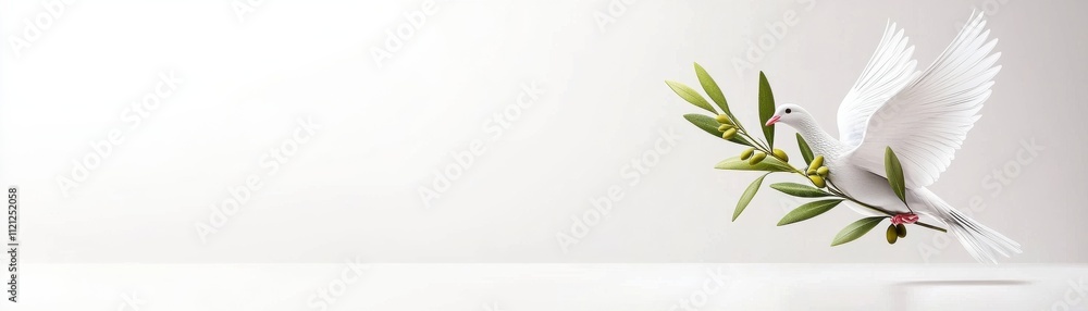 Fototapeta premium A graceful white dove carries an olive branch, symbolizing peace and hope against a serene, minimalistic background.