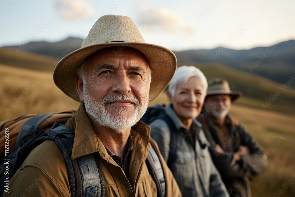 Enjoying a picturesque hike through serene mountains with friends in the early morning light Enjoying a picturesque hike through serene mountains with friends in the early morning light