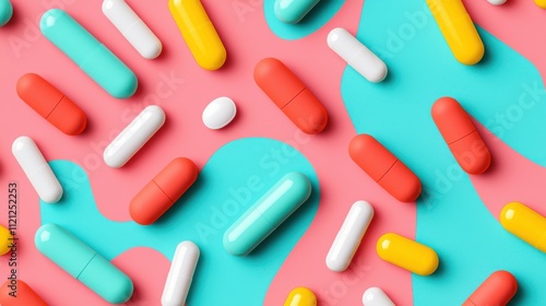 A vibrant arrangement of colorful pills and capsules on a pink and blue background, showcasing a mix of shapes and sizes.