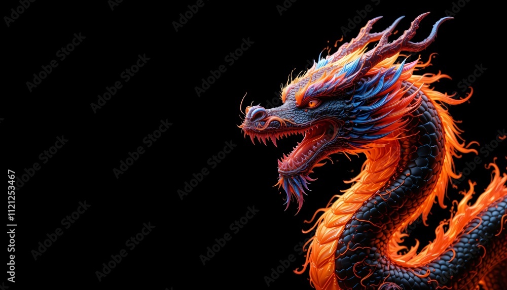 Chinese Fire dragon on a black background. Generative AI Illistration of ancient asian dragon on black background. Dragons background. Place for text. Chinese Fire dragon on a black background. Generative AI Illistration of ancient asian dragon on black background. Dragons background. Place for text.