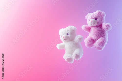 Soft toys flying on a pink and purple gradient background isolated