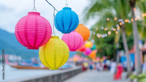 Vibrant Lanterns: A string of colorful paper lanterns hangs against a backdrop of a tropical paradise, casting a warm glow over the scene.  The lanterns, a symbol of celebration and good fortune. photo