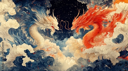 Mythical dragons clashing in a stormy sky filled with dramatic clouds