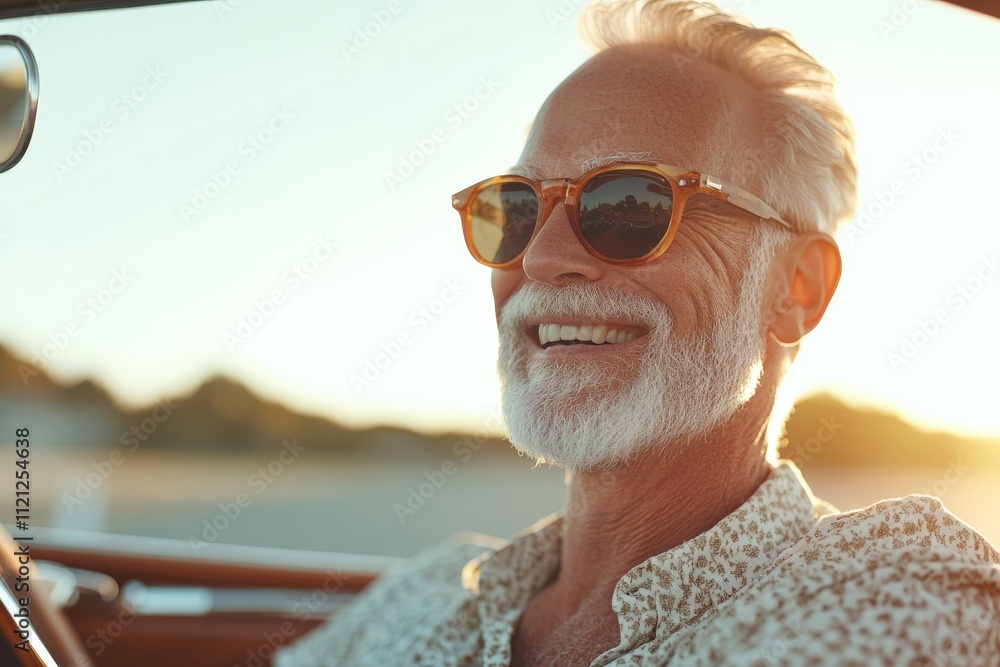 Elderly man enjoying a drive in a classic car during sunset with a relaxed smile Elderly man enjoying a drive in a classic car during sunset with a relaxed smile