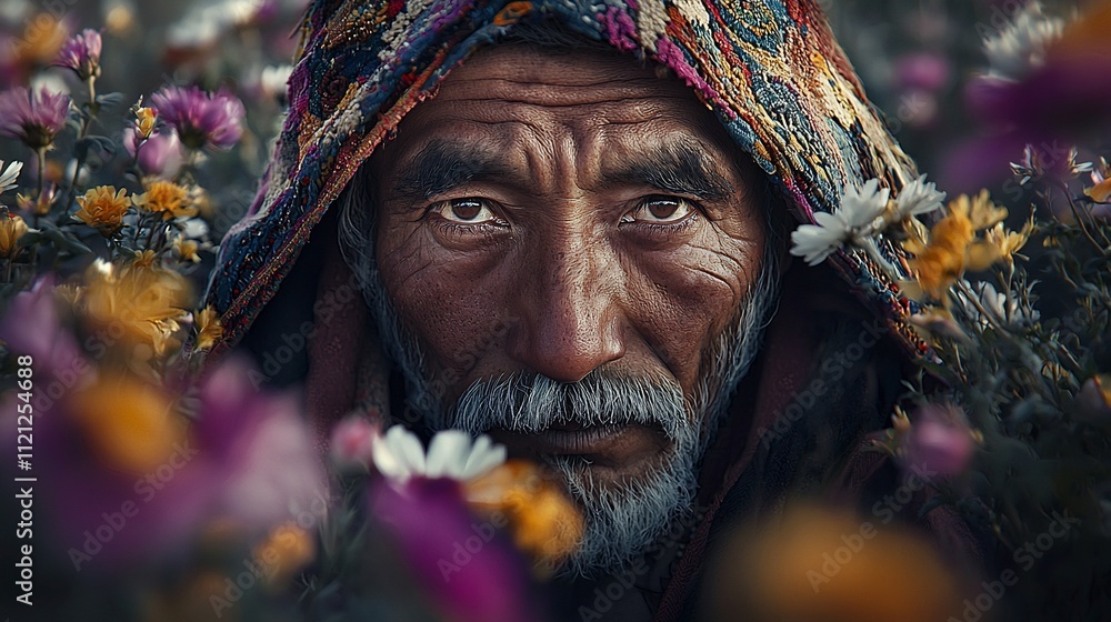 Close-up portrait of elderly man with weathered face, surrounded by vibrant wildflowers. Close-up portrait of elderly man with weathered face, surrounded by vibrant wildflowers.