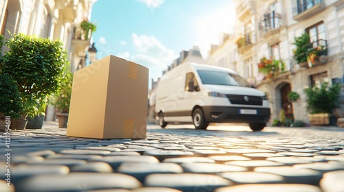 A delivery van approaches a cardboard box on a sunny cobblestone street. photo