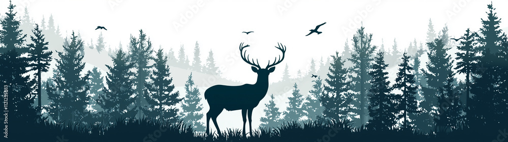 Obraz premium Deer Silhouette in Forest Landscape, Ideal for Hunting Themes. Generative AI.