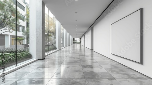 Fototapeta Naklejka Na Ścianę i Meble -  A large, empty hallway with a white wall and a white poster