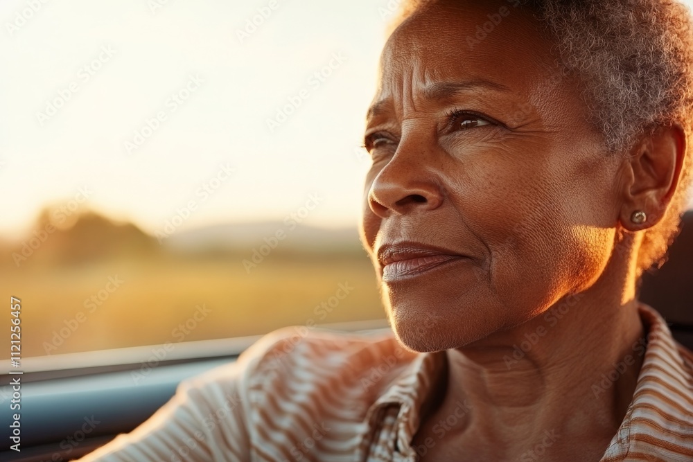 Fototapeta premium Woman reflecting on her journey during a sunset drive in a rural area with calm landscapes