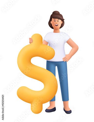 Young smiling woman Jane standing near and holding big dollar sign. Finance, business and investment concept. 3d vector people character. Cartoon minimal style.