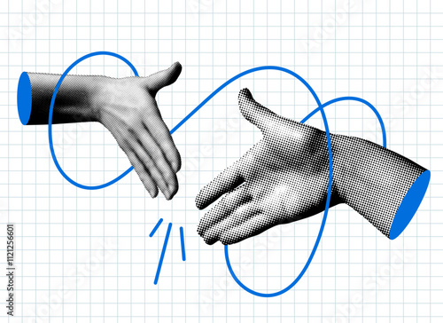 Hands reach out to each other. Handshake. Halftone retro hands. Body parts cut out of newspaper. Hands tied with thread. Shaking hands. Make a deal. Successful agreement. Modern collage