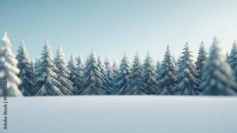 Fototapeta premium A serene winter landscape featuring snow-covered evergreen trees under a clear blue sky, creating a peaceful and picturesque scene.