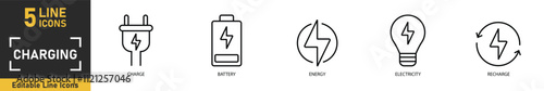 Charging line icon set. Set of 5 outline icons related to charge, battery, energy, electricity, recharge and more. Vector illustration.