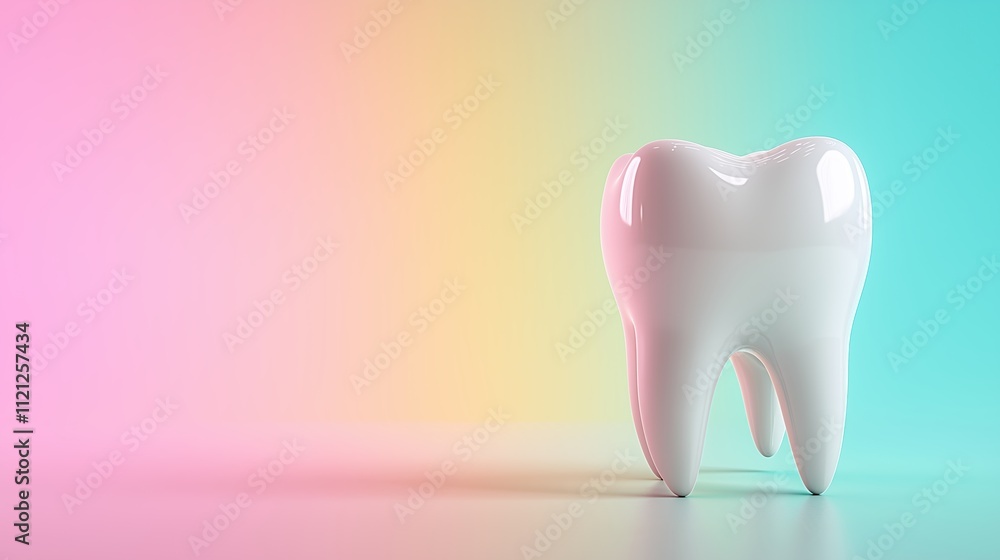 White tooth model on rainbow gradient background. Dental care concept White tooth model on rainbow gradient background. Dental care concept