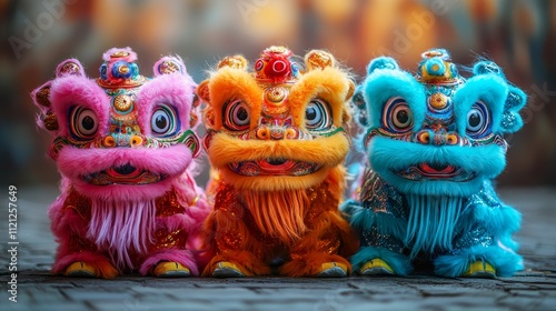 Colorful lion dance costumes displayed on street during a festival