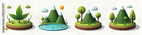 Eco friendly scenes show nature elements like trees mountains, pond on small round platforms. Colorful illustration represents nature conservation. Ideal for eco-tourism brands. Sustainable lifestyle photo