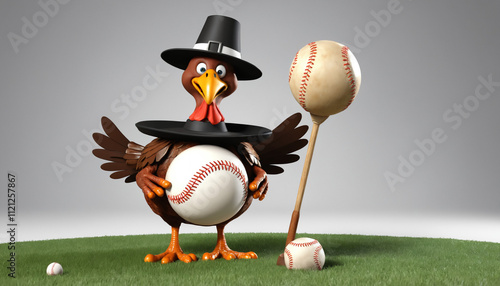 Funny Thanksgiving turkey with a pilgrim hat and a baseball theme, standing on grass with a baseball bat and balls, blending humor and holiday charm. photo