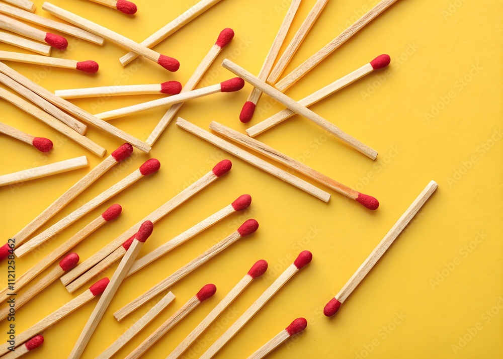 Vibrant Flat Lay of Wooden Matches on Yellow Background - Bold Abstract Design Vibrant Flat Lay of Wooden Matches on Yellow Background - Bold Abstract Design