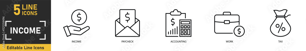Income line icon set. Set of 5 outline icons related to income, paycheck, accounting, work, tax and more. Vector illustration. Income line icon set. Set of 5 outline icons related to income, paycheck, accounting, work, tax and more. Vector illustration.
