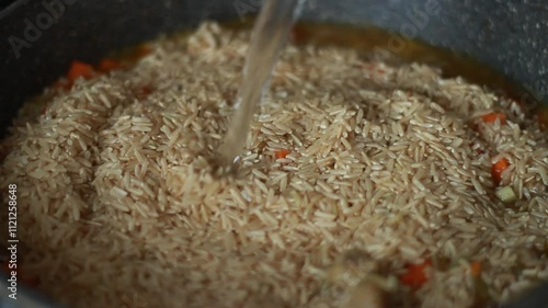 Cooking brown rice with vegetables and meat in a frying pan close-up. Rice is poured with boiling water. Cook pilaf in a large frying pan. Steam is coming from the hot lunch. Home kitchen