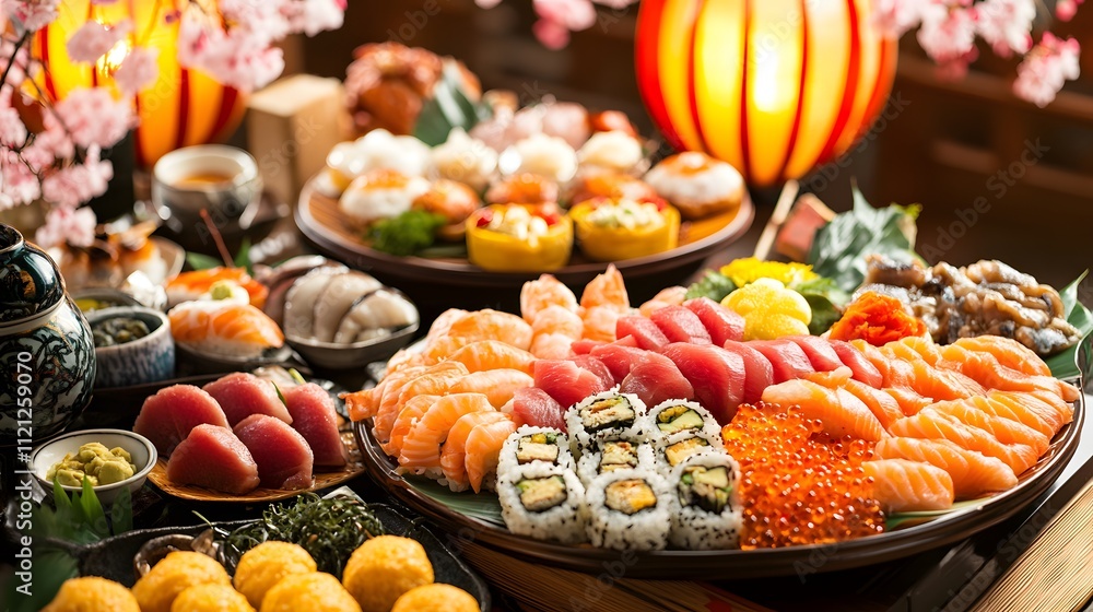 Fototapeta premium Traditional Japanese Sushi Platter with Lanterns and Cherry Blossoms