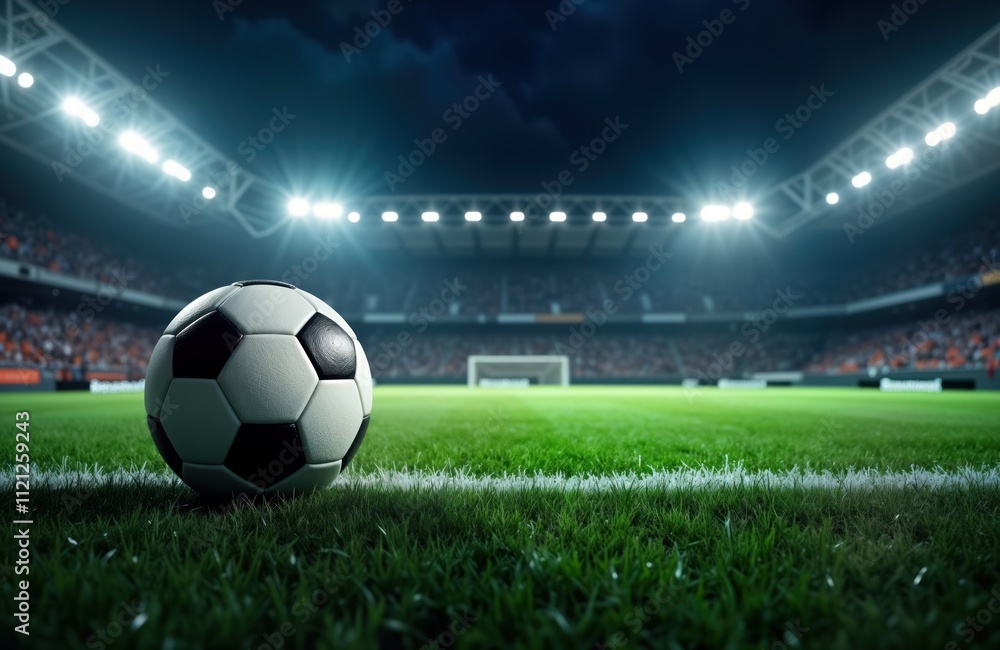 Fototapeta premium Soccer ball on stadium field at night. Illuminated arena filled with spectators. Game atmosphere. Sport event. Exciting match. Powerful lights highlight the field. Ready to play. Competition.