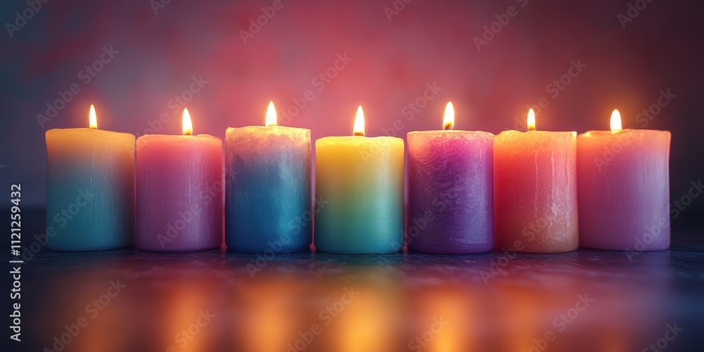 Candles glowing softly in gradient colors create a serene ambiance in a tranquil setting Candles glowing softly in gradient colors create a serene ambiance in a tranquil setting