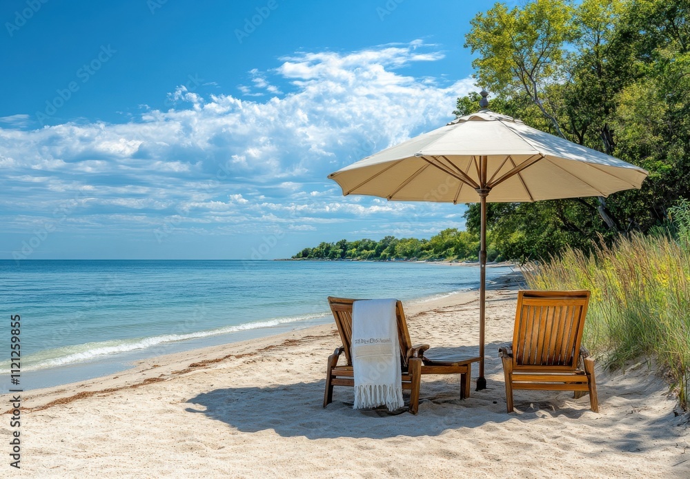 custom made wallpaper toronto digitalSerene Beach Scene with Umbrella and Lounge Chairs on Sandy Shoreline under Clear Blue Sky with Lush Green Trees in the Background for Relaxation and Vacation Vibes