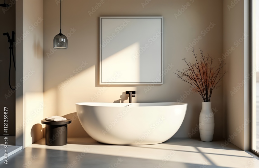 Bright bathroom interior large, modern bathtub, shower. Sunlight streams through window casting shadows on light beige walls, concrete floor. Black stool beside tub, vase with dried plants in corner Bright bathroom interior large, modern bathtub, shower. Sunlight streams through window casting shadows on light beige walls, concrete floor. Black stool beside tub, vase with dried plants in corner