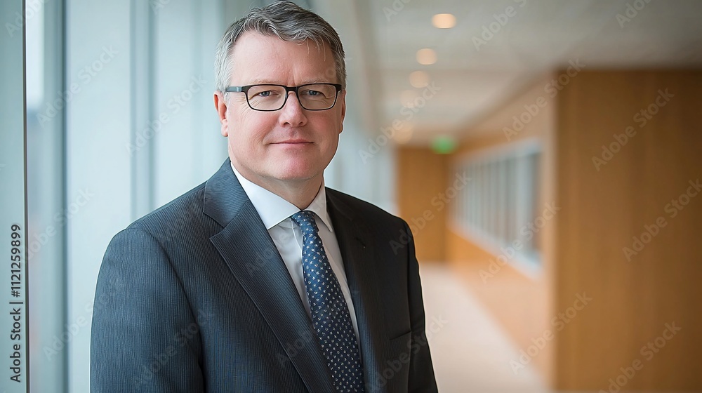 Portrait of a confident businessman in a suit and tie, standing in a modern office hallway. Portrait of a confident businessman in a suit and tie, standing in a modern office hallway.