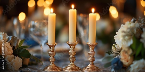 Elegant candlelit table setting adorned with flowers creates a romantic ambiance for a special evening gathering photo